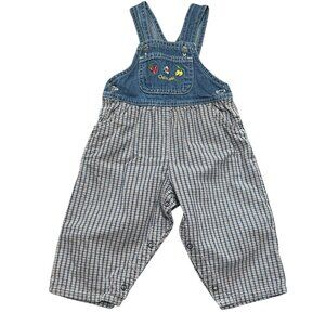 Vintage OshKosh Girls Overalls 18M | Denim Plaid Embroidered Bib | Triangle Logo